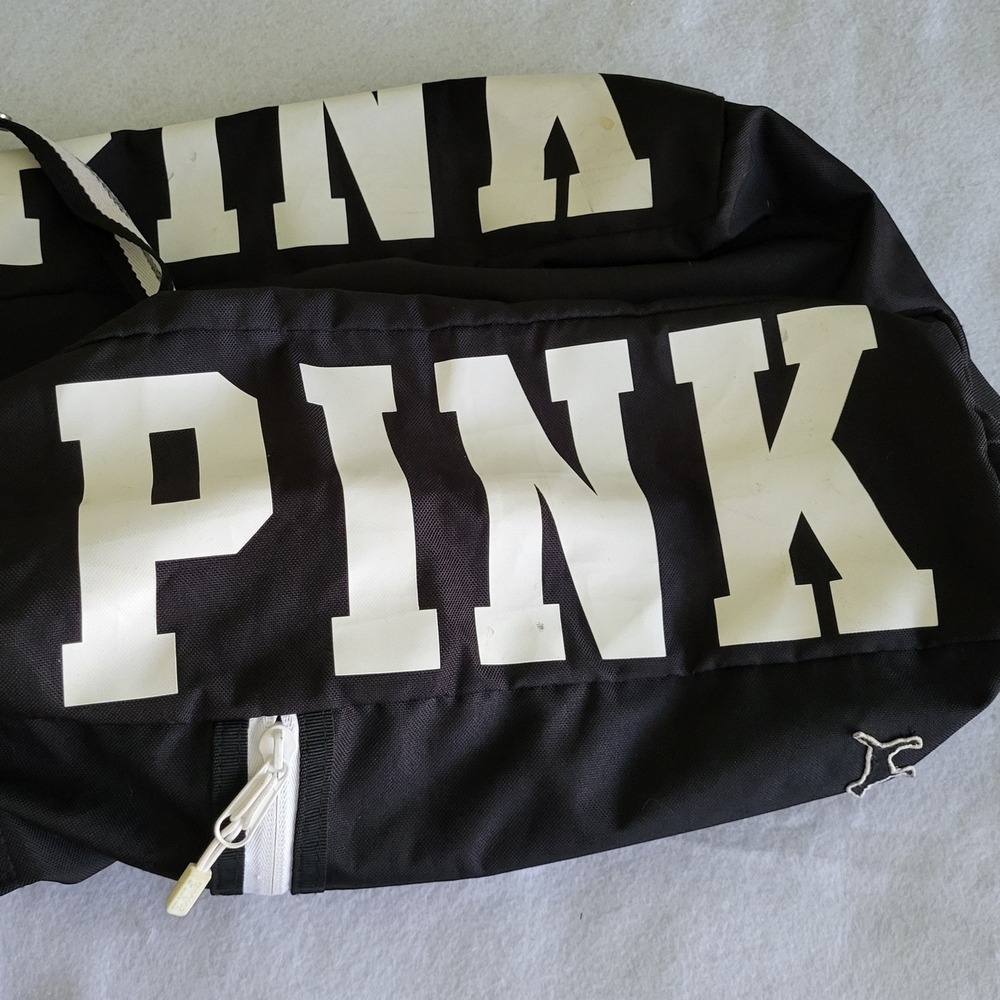Pink Victorias Secret Tote Bag Black White Dog Logo School Book Travel 16"x13" - Picture 5 of 8